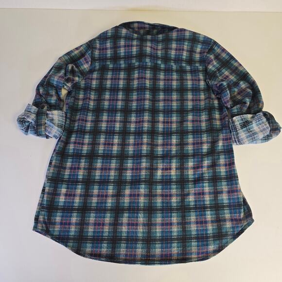 Urban Girl Plaid Roll tab Sleeve Button Down with iron on Patches size Medium - Picture 9 of 11